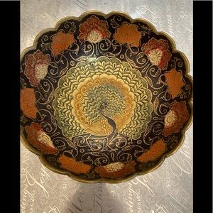 Vintage Indian Brass Metal and Enamel Colorful Peacock Bowl